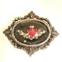 Vintage Clear Oval Lucite Black Silver Tone Floral Brooch Pin Red Flower... - £16.60 GBP