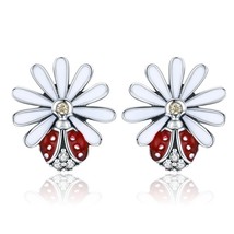 Authentic 925 Sterling Silver Daisy Flower Red Ladybug Stud Earrings for Women F - £15.41 GBP