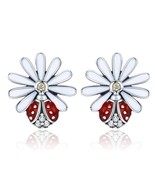 Authentic 925 Sterling Silver Daisy Flower Red Ladybug Stud Earrings for... - £15.44 GBP