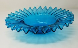 Art Bowl Ripple Crimped Sunburst Glass Aqua Marine Vintage  - £15.18 GBP