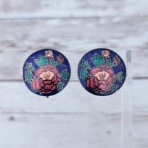 Vintage Clip On Earrings Stunning Blue with Red Flower Statement - $18.99