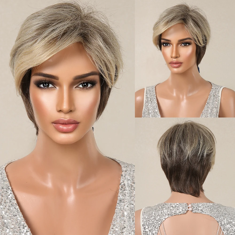 Brown Blonde Ombre Pixie Cut Synthetic Bob Wigs With Bangs Straight Layered Ha - £14.87 GBP+