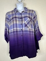 NWT Catherines Womens Plus Size 0X Purple Plaid Ombre Button-Up Shirt 3/4 Sleeve - £22.58 GBP