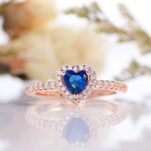 Rose Gold Plated Vintage Sparkling Blue Elevated Heart Ring For Women  - £12.26 GBP