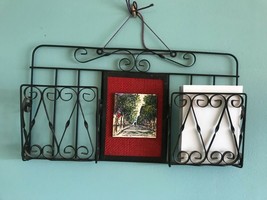 Vintage Wire Photo Letter Holder French balcony wrought iron hand painted tile - £16.58 GBP