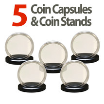 5 Coin Capsules &amp; 5 Coin Stands For Morgan / Peace / Ike Dollars Airtight 38mm - £6.88 GBP