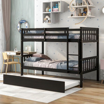 Twin Over Twin Bunk Beds with Trundle, Solid Wood Trundle Bed Frame - £315.59 GBP