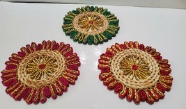 3 Vintage Round Wicker Straw Hot Pads Trivets Woven Rattan Raffia 7&#39;&#39; Di... - $29.63