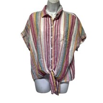 Beach Lunch Lounge Size S Striped Linen Tie Front Short Sleeve Button Up Blouse - £15.00 GBP