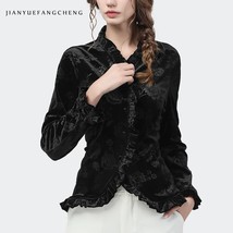 Vintage French Style Women Velour Shirts 2020 Autumn Winter New Long Sleeve Embr - £136.37 GBP