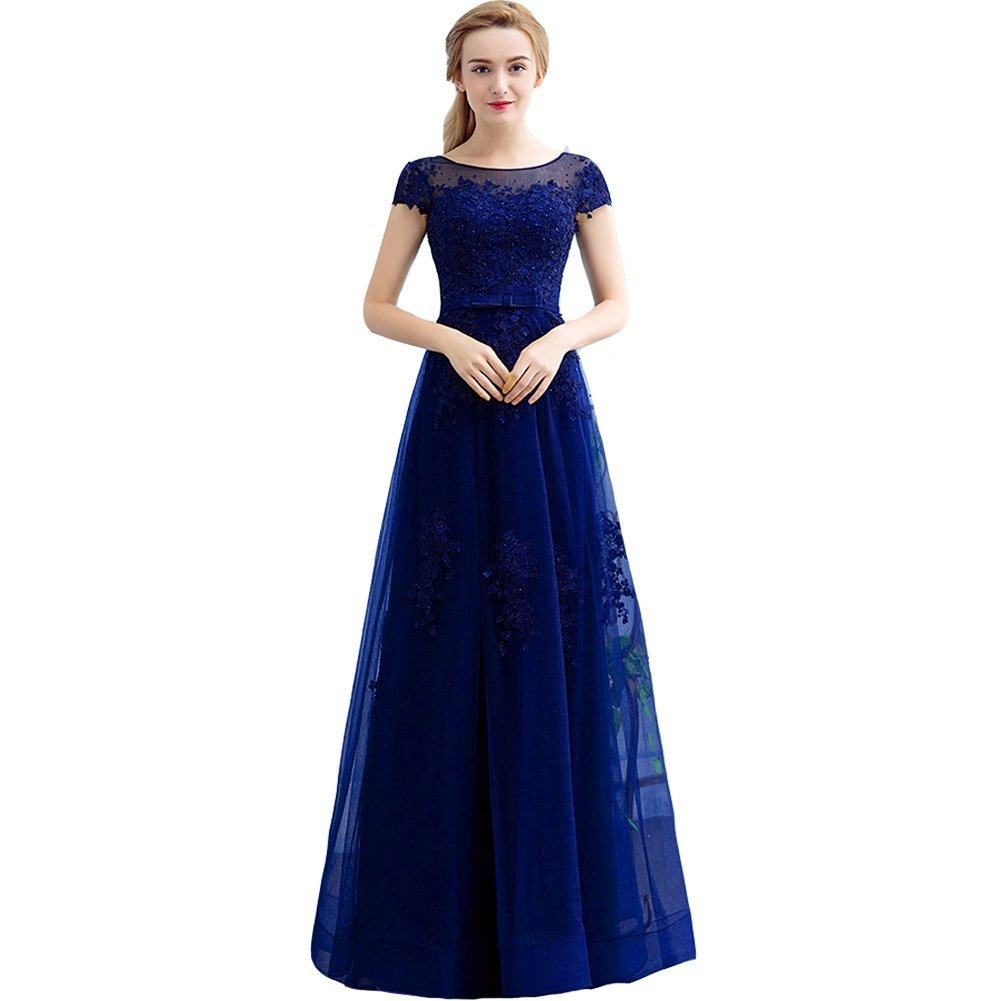 Kivary Long Beaded Lace Corset Sheer Bateau Prom Evening Dresses Royal Blue Plus