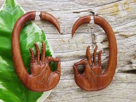 Fake Gauges Earrings - Meditation Hands - Brown Wood - Faux Gauges - Woman&#39;s Spl - £20.89 GBP