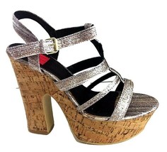 Fahrenheit Yes 07 Open Toe Cork Heel Shoes Silver Metallic Size 8.5 Strappy New - £18.59 GBP