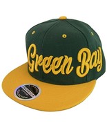 Green Bay Men&#39;s Offset Cursive Script Snapback Baseball Cap (Green/Gold) - £11.95 GBP
