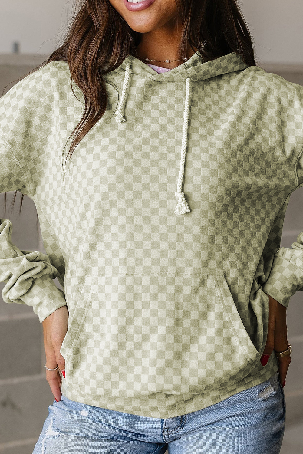 Green Checkered Kangaroo Pocket Hoodie - $27.34