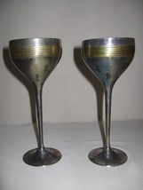 Silver Plate Goblets Qty 2 Silver Plate Long Stem Goblets Gold Rib Bands  - $19.95