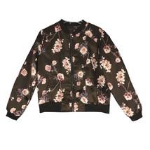 JUSTIFY Black Floral Satin Full Zip Bomber Jacket Women&#39;s L Pink Cherry Blossoms - £23.17 GBP