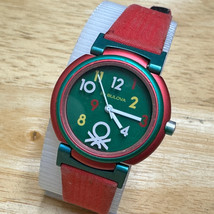 Vintage Benetton Quartz Watch Women 30m Red Green Leather Analog New Battery - £25.24 GBP
