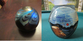 RICH MILLER  SIGNED GLASS WORK BLUE FEATHERS PAPERWEIGHT GLOBE  FREE FOR... - £100.71 GBP