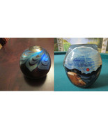 RICH MILLER  SIGNED GLASS WORK BLUE FEATHERS PAPERWEIGHT GLOBE  FREE FOR... - £99.10 GBP