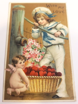 VALENTINES WITH MY LOVE Germany CHERUB SAILOR Embossed Antique HOLIDAY P... - £11.73 GBP