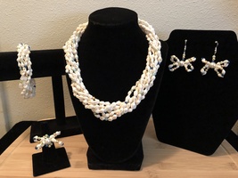 White Dovetail Shell &amp; Multi-Color Pearl Ribbon Theme Jewel Set,Shell Je... - $90.00