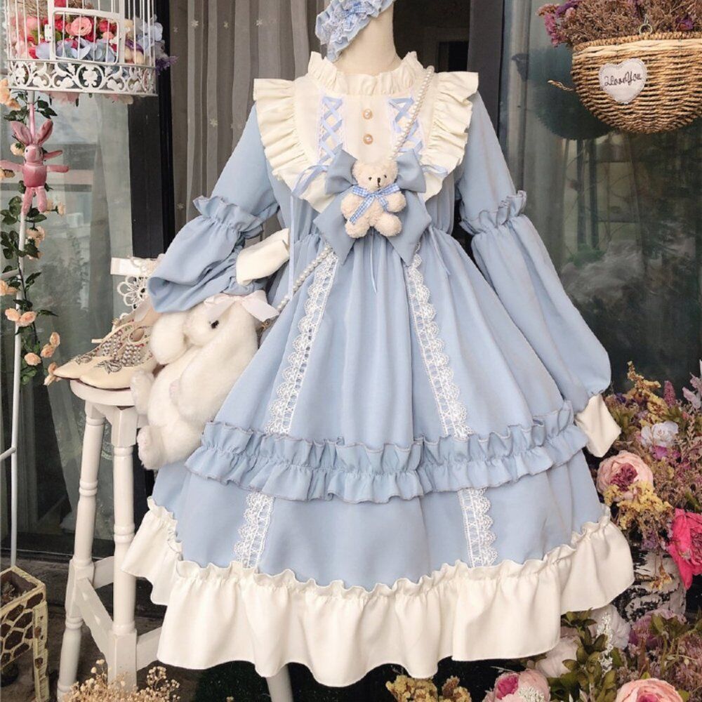 CoCo Bow Bear Lolita Dress | Women Maid Tea Party Cosplay Costume Ruffle... - $79.00