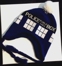 Dr Who TARDIS hat/ beanie ear flaps, men winter hat blue white ball  made 2009 - £7.12 GBP