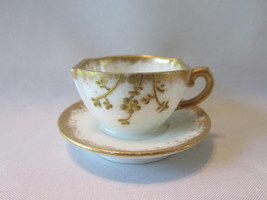 Antique Limoges Elite Tiny Bone China Attached Cup &amp; Saucer, Gilt Floral... - £17.37 GBP