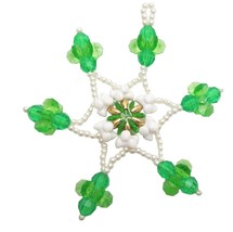 Beaded Snowflake Christmas Tree Ornament VintageHandmade Green White 3.5&quot; - $10.49