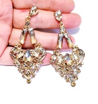 Topaz Chandelier Earrings, Rhinestone Crystal 3.1 in, Pageant Bridal Drop Earrin - £28.67 GBP