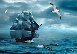 Sailing ship in the sea waves, sailboat in the ocean with dolphins seagull sail - £19.98 GBP