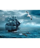 Sailing ship in the sea waves, sailboat in the ocean with dolphins seagu... - £19.65 GBP