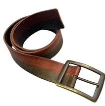 Linea Pelle Two Tone Leather Belt 32 Brown Olive Green Rustic Solid Brass Buckle - £24.58 GBP
