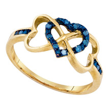 10k Yellow Gold Womens Blue Color Enhanced Diamond Triple Trinity Heart Ring - £143.05 GBP