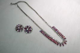 Vintage Pink Rhinestone B. David Necklace and Earrings Set K1091 - £51.62 GBP