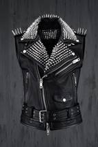 HANDMADE Men&#39;s VEST JACKET Black Punk Silver Long Spiked Studded Leather... - £227.72 GBP