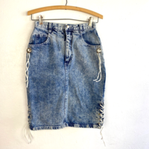 Vintage 80s Tioga Sport Womens Denim Skirt Size 6 Conchos Western Lace Up Slits - £31.20 GBP