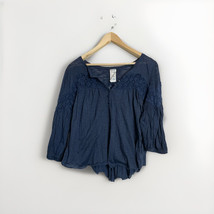 Free People Women’s Size Medium Navy Blue 3/4 Sleeve Button Blouse - £13.57 GBP