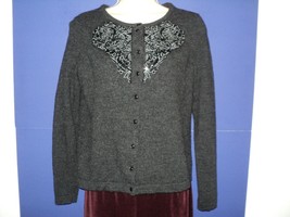 Cynthia Rowley Size M Medium Cardigan Sweater Gray Italian Merino Wool Beaded - £9.47 GBP
