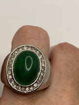 Vintage Green Jade Cocktail Ring Silver White Bronze Size 10 - £66.21 GBP
