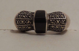 Vintage Sterling Silver Onyx &amp; Marcasite Ring - £10.68 GBP