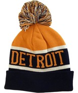 Detroit City Name Wide Stripe Winter Knit Pom Beanie Hat (Orange/Navy) - $27.28 CAD