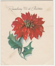 Vintage Christmas Card Poinsettia Flower Remembering You 1950s American Greeting - £5.44 GBP