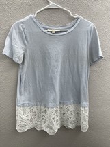 Ann Taylor Loft Shirt Womens Size Small Blue Short Sleeve Lace Hem - $9.47