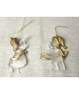 2 Vtg Frosted &amp; Gold Plastic Hanging Christmas Ornaments; Angel &amp; Drumme... - £12.25 GBP