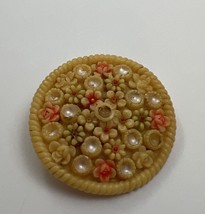 Bakelite Vintage Carved Flower Circle Celluloid Shaped Brooch Pin Japan - $17.82