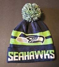 Seattle Seahawks NFL Beanie Navy Blue Lime Green Stipes Cuffed Pom SpellOut Mens - £18.54 GBP
