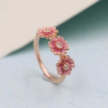 Spring Release Rose Gold Pink Daisy Flower Ring With Clear CZ and Enamel - £14.14 GBP