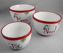 Everyday White Porcelain 3 Christmas Holiday Candy Serving Bowls Merry Noel Joy - £16.50 GBP